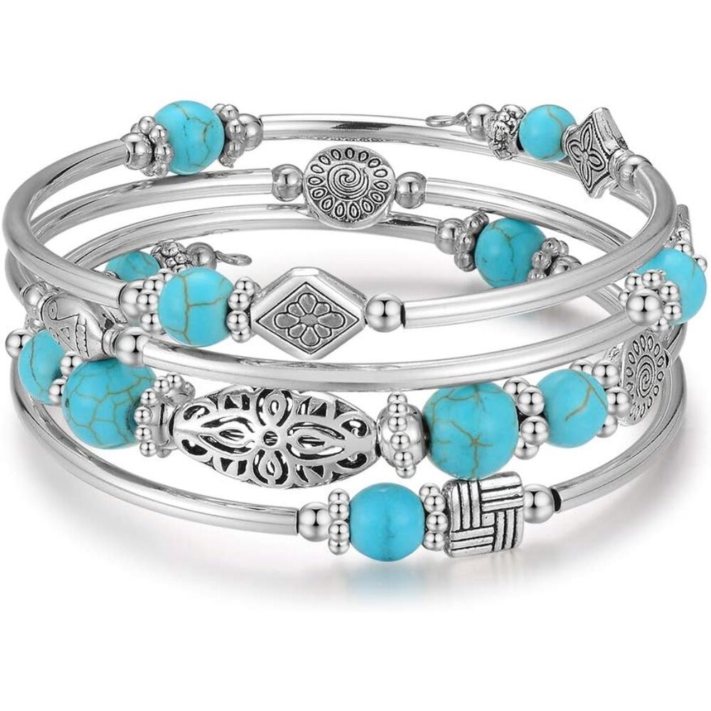 Layered Wrap Bangle Turquoise Bracelet - Bead Bracelet with Natural Agate Stone,